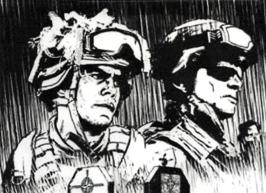 Dessin de la tête de 2 soldats casqués.